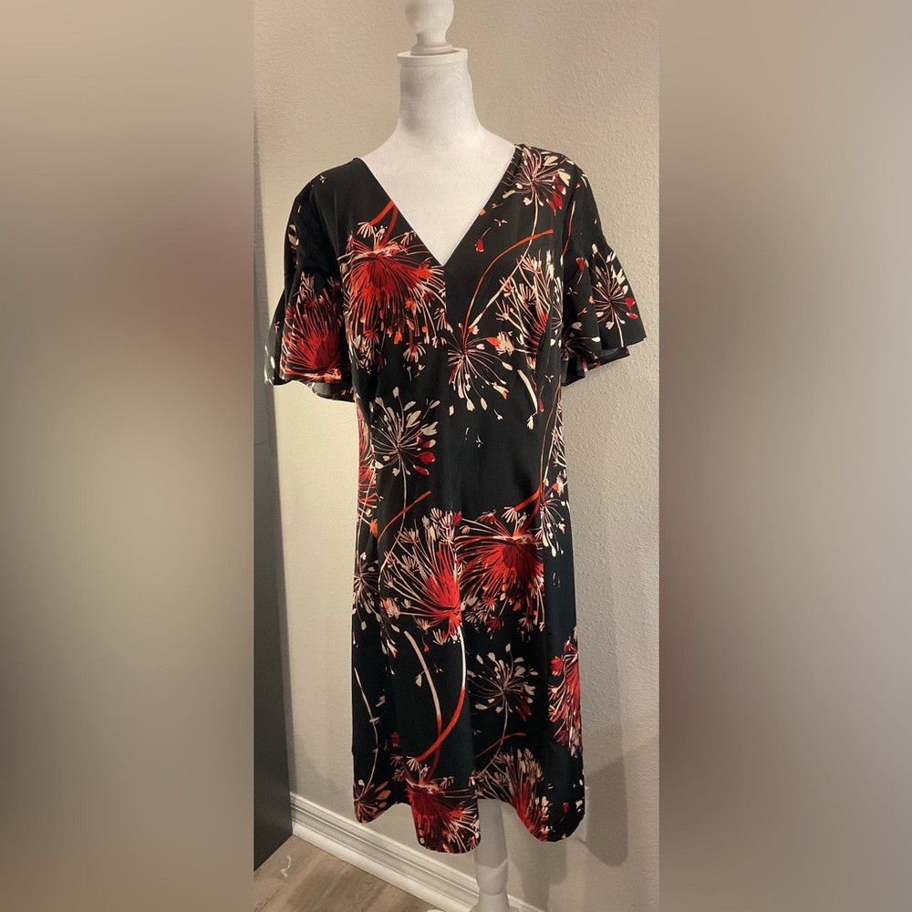 London Times Black Dress with Red Floral Design - Size 18W